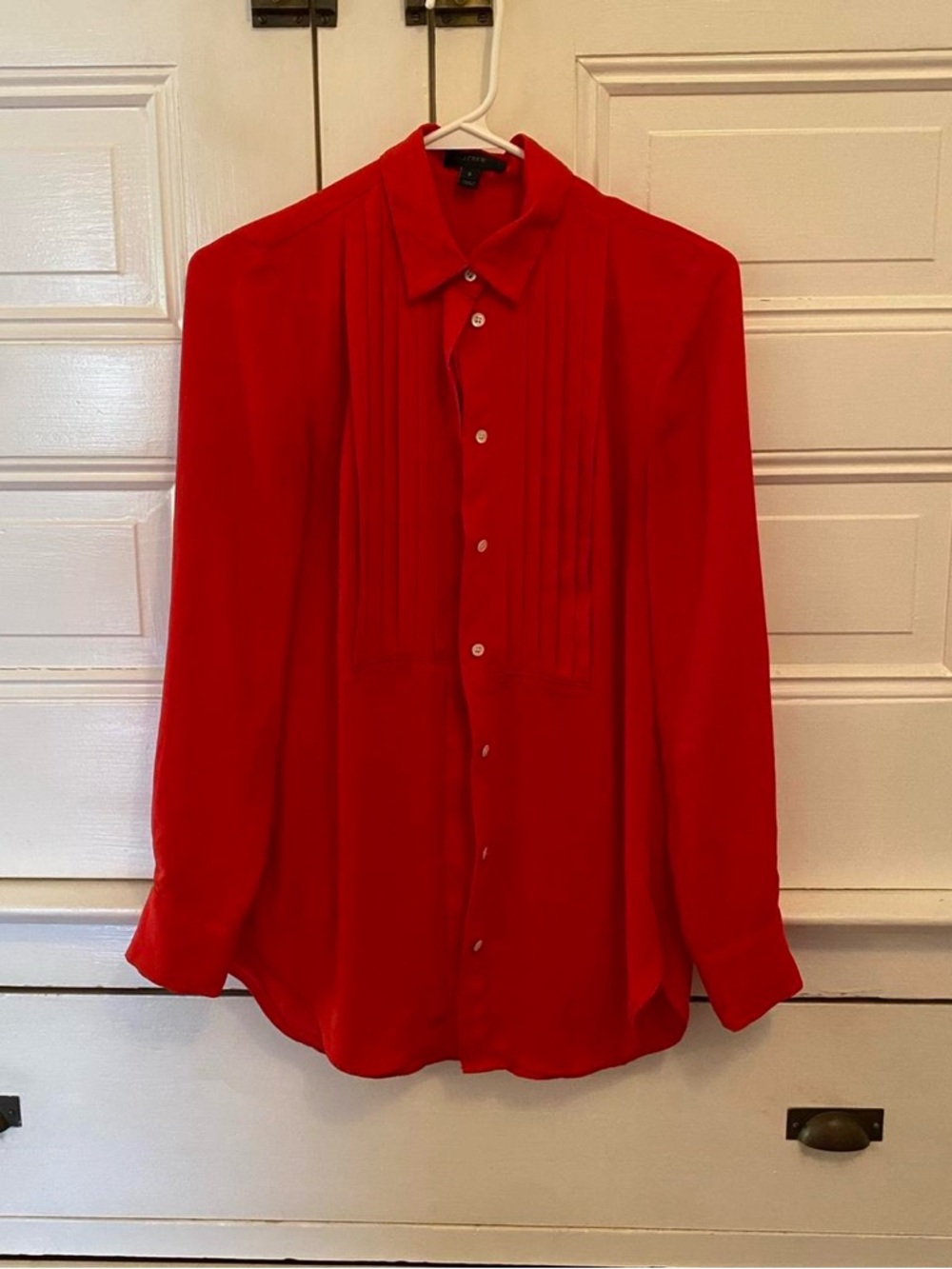 J. Crew Red Pleated Button-Up Blouse